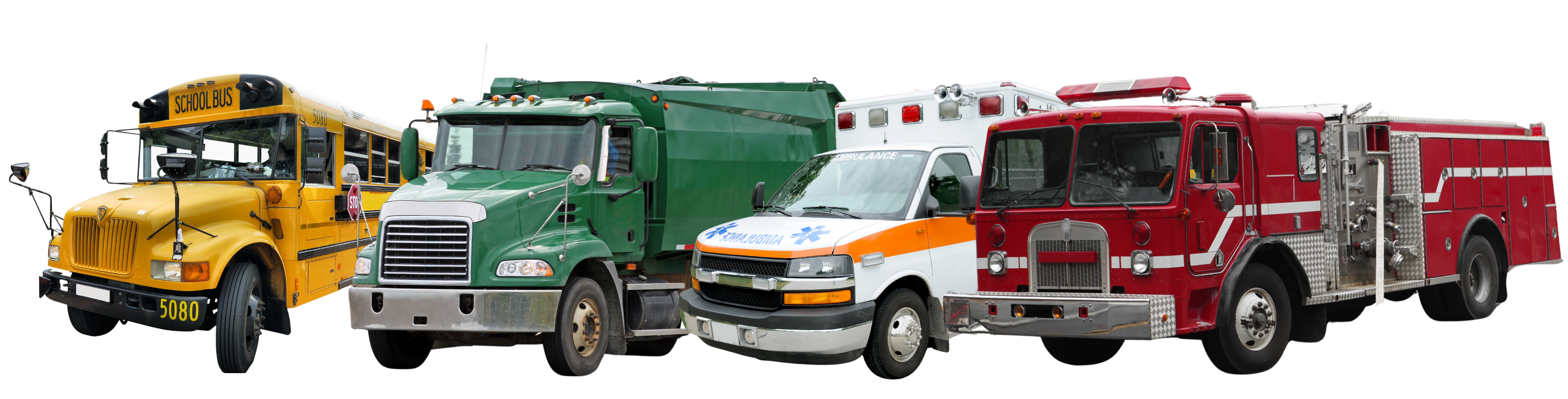 trash truck, ambulance, school bus and fire truck