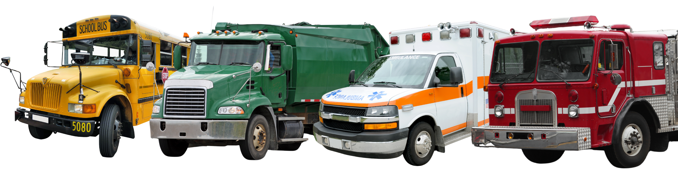 trash truck, ambulance, school bus and fire truck